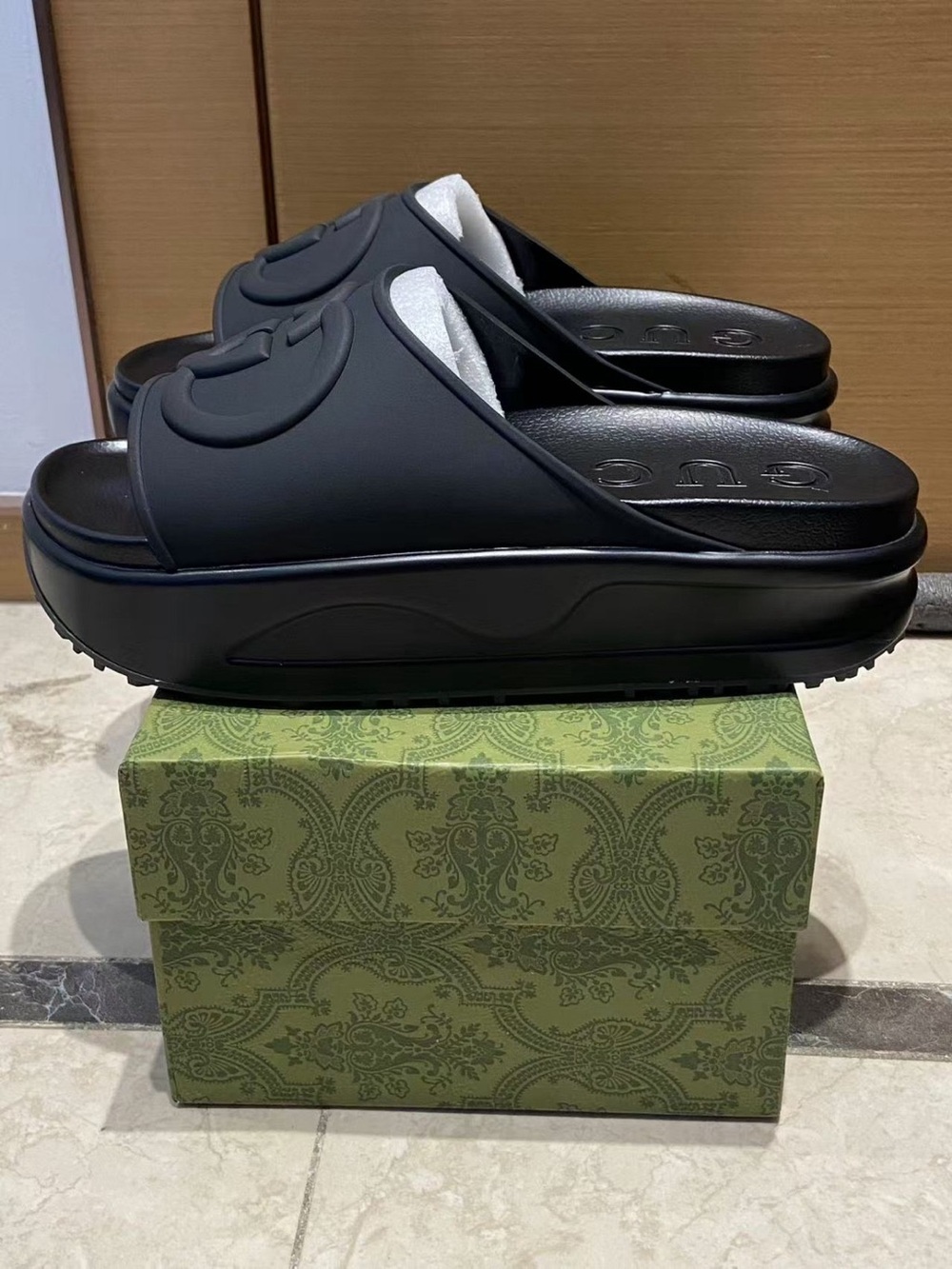 Gucci Black Platform GG Logo Slide Sandals
